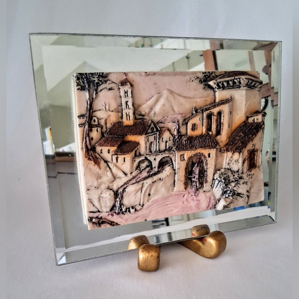 Vintage Sculpture/Carving of Spanish Village - Mounted on Beveled Mirror